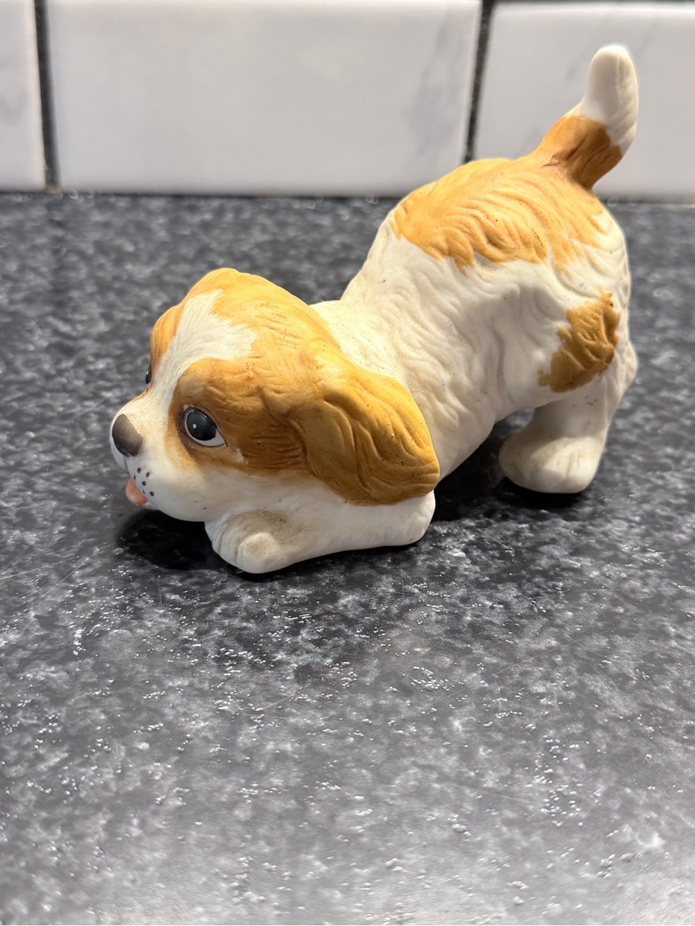 Small Playful Puppy Figurine - White and Tan